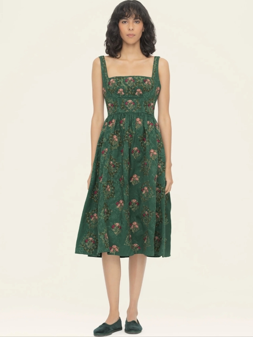 Agua Bendita Miramar Memoria Green Floral Embroidered Midi Dress Square Neck - Picture 3 of 15